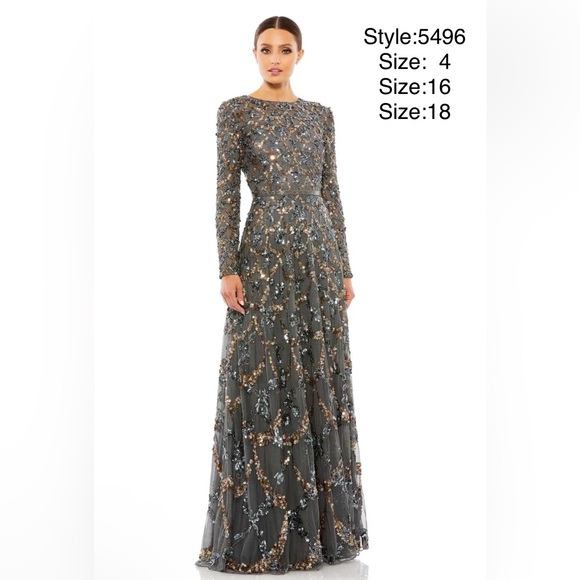 Lattice sequined illusion neckline long sleeve A-line gown - Picture 2 of 12